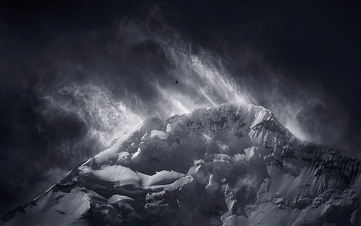 Schneeberg digitale Tapete, Natur, Landschaft, Vögel, fliegen, Berge, schneebedeckten Gipfel, Monochrom, Wolken, Gipfel, Wind, Himalaya, HD-Hintergrundbild