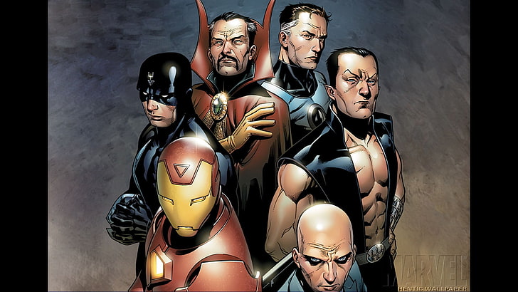 Цифров тапет на герои от Marvels, илюминати, Iron Man, Charles Xavier, Mr. Fantastic, Doctor Strange, Namor, Black Bolt, комикси, Marvel Comics, HD тапет