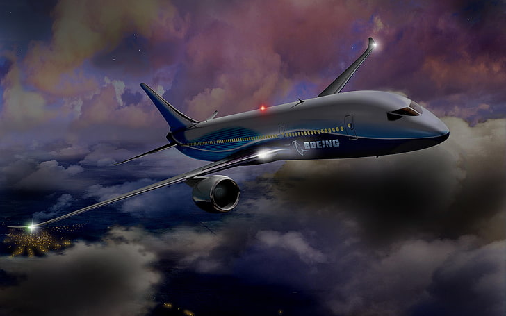 gray and black Boeing plane illustration, The SKY, CLOUDS, FLIGHT, NIGHT, The CITY, The PLANE, LIGHTS, HD wallpaper