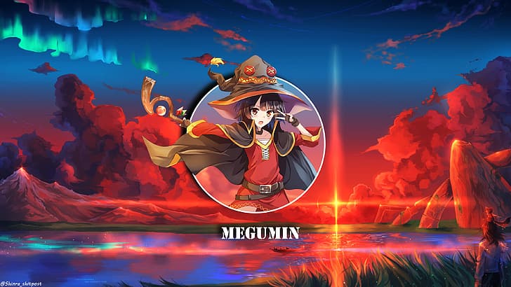 Megumin (KonoSuba), chicas anime, waifu2x, paisaje, Fondo de pantalla HD