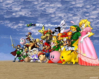 شخصيات متحركة متنوعة ، Super Smash Bros. ، Super Smash Bros. Melee ، Bowser ، Donkey Kong ، Dr. Mario ، Ganondorf ، Ice Climbers (Nintendo) ، Jigglypuff (Pokémon) ، Kirby ، Link ، Luigi ، Mario ، Marth (Fire Emblem) و Mewtwo (بوكيمون) و Pichu (بوكيمون) و Pikachu و Princess Peach و Samus Aran و Toon Link و Yoshi و Zelda، خلفية HD HD wallpaper