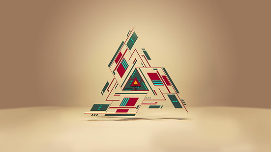 strumento triangolare verde e rosso, logo triangolo verde e rosso, geometria, triangolo, astratto, forme, opere d'arte, arte digitale, sfondo semplice, minimalismo, beige, Sfondo HD HD wallpaper