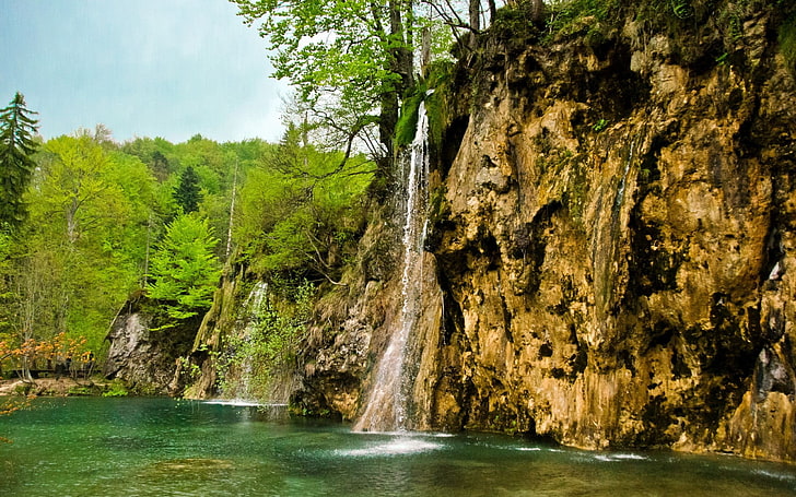 waterfalls wallpaper, waterfall, river, currents, grass, stones, trees, HD wallpaper