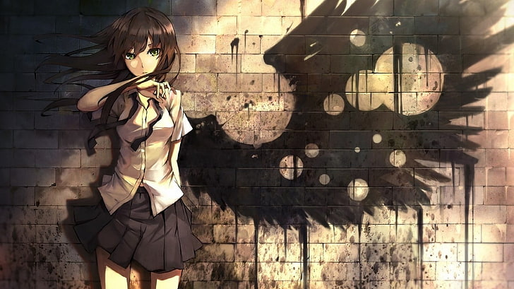 fondo de pantalla de personaje de anime femenino de pelo negro, anime, alas, ladrillos, falda, graffiti, chicas de anime, personajes originales, uniforme escolar, ojos verdes, Fondo de pantalla HD
