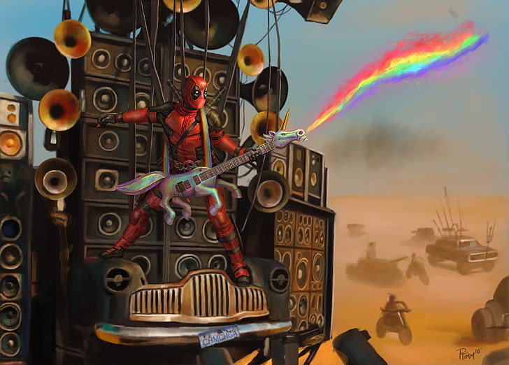 Papel de parede digital de Marvel Deadpool, Mad Max: Estrada da Fúria, Deadpool, unicórnios, paródia, alto-falantes, guitarra, HD papel de parede