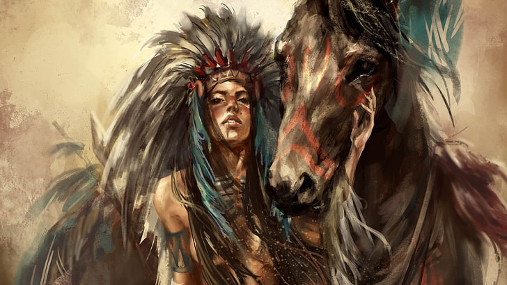 Native American malarstwo na stojąco, kobiety, koń, malarstwo, grafika, Tapety HD