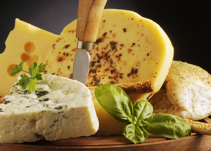 assorted-variety of cheese, cheese, basil, varieties, HD wallpaper