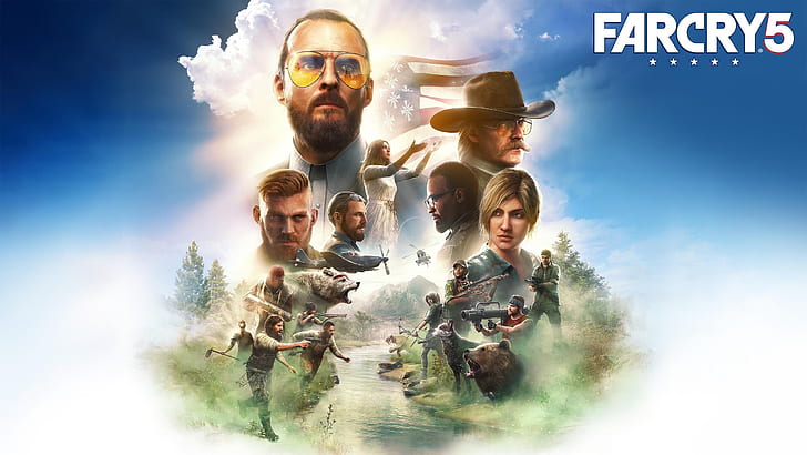 forest, cat, the sky, grass, clouds, river, stream, gun, background, blue, the game, wolf, hat, flag, bear, bow, glasses, zombies, RPG, grenade launcher, helicopter, sniper, Far Cry, the plane, Puma, shotgun, the bushes, games, clear, Sheriff, opium, FarCry, Father, Far Cry 5, bear Cheeseburger, a cowgirl, fanatic, Jacob Led, Jess Black, best game, Sheriff Earl Whitehorse, Mary May Fairgrieve, Grace Armstrong, Adelaide Drammen, dog Boomer, Faith Led, Puma Peach, John Led, Herc Drammen, Father Jerome Jeffries, blessed, Father Joseph Led, Nick Paradise, HD wallpaper