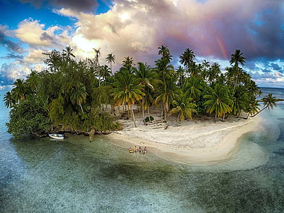 зеленые пальмы, природа, фотография, пейзаж, остров, радуга, пальмы, пляж, песок, тропический, лодка, море, облака, лето, Французская Полинезия, HD обои HD wallpaper