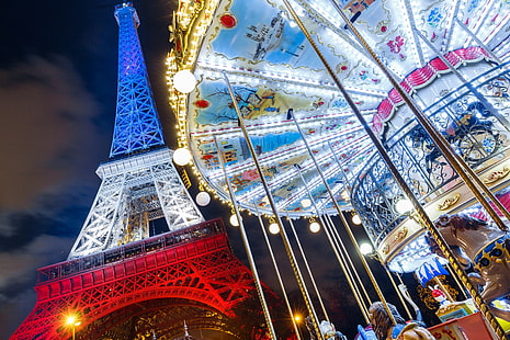Eiffel Tower, France, Paris, eiffel tower; merry go round ride, Paris, France, Eiffel Tower, the carousel, HD wallpaper HD wallpaper