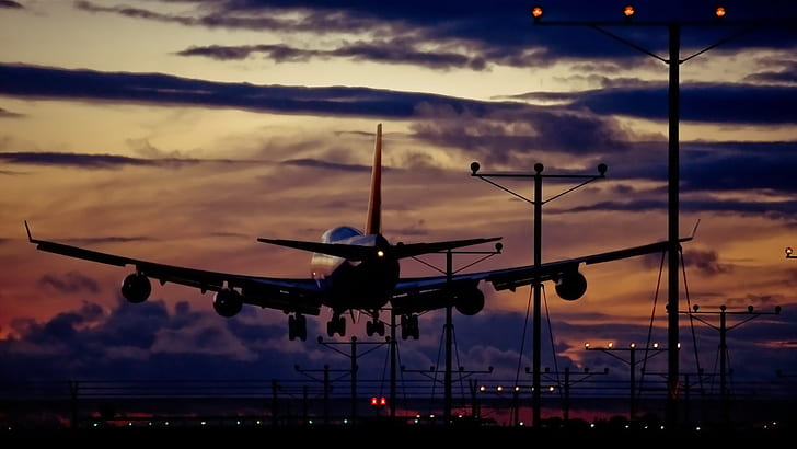 Pouso, avião, nuvens, luzes, Boeing 747, HD papel de parede