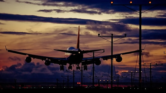 кацане, самолет, облаци, светлини, Boeing 747, HD тапет HD wallpaper