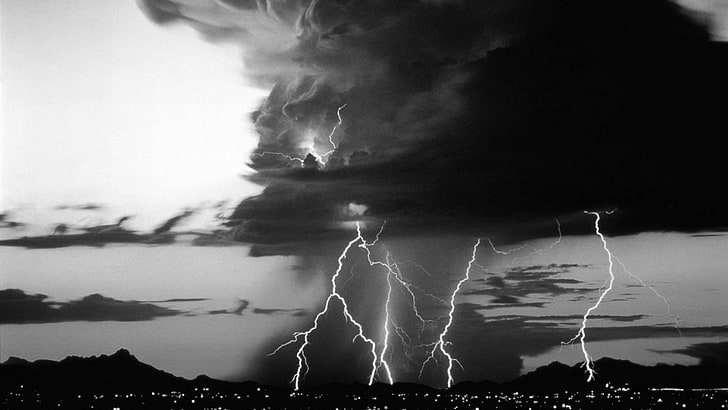 Фотография, мълния, черно-бяло, облак, буря, гръмотевична буря, HD тапет