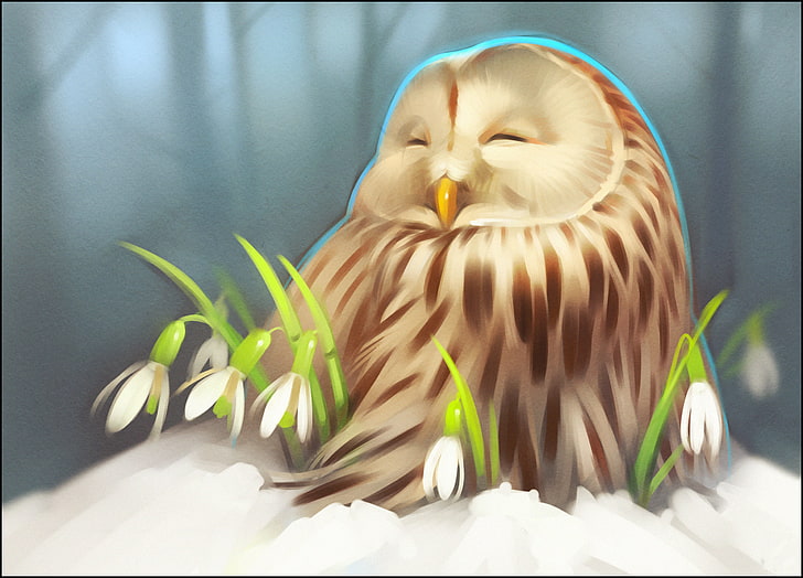 brown owl artwork, winter, snow, flowers, owl, art, snowdrop, owlet, HD wallpaper