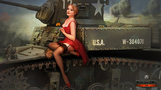 วอลล์เปเปอร์ดิจิตอล World of Tanks, สาว, ถุงน่อง, รถถัง, รถถัง, WoT, World of Tanks, Wargaming.Net, BigWorld, Nikita Bolyakov, วอลล์เปเปอร์ HD HD wallpaper