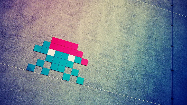 teal and pink puzzle toy, Space Invaders, digital art, HD wallpaper