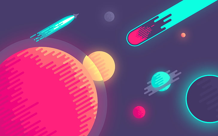planet illustration, space, circles, graphics, planet, minimalism, comet, HD wallpaper