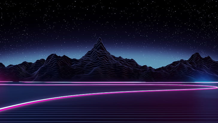 gunung hitam pada malam hari, seni digital, neon, Wallpaper HD