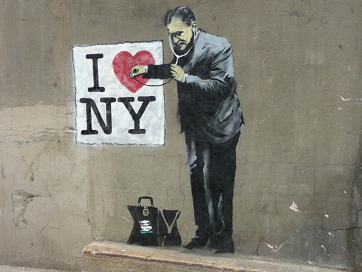 New York City, Stati Uniti d'America, Banksy, graffiti, uomini, muro, opere d'arte, strada, urbano, medici, borse, umorismo, cuore, Sfondo HD