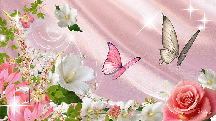 Abundância de flores, papel de parede de flores e borboletas, rosas, estrelas, videira, flores, primavera, seda rosa, verão, brilho, borboletas, 3d e abstrato, HD papel de parede