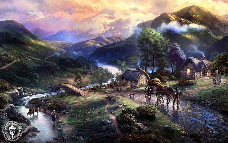 иллюстрация всадника, животные, горы, мост, природа, озеро, река, дом, деревня, живопись, искусство, собака, дома, Томас Кинкейд, лошадь, долина, изумрудная долина, живопись, HD обои