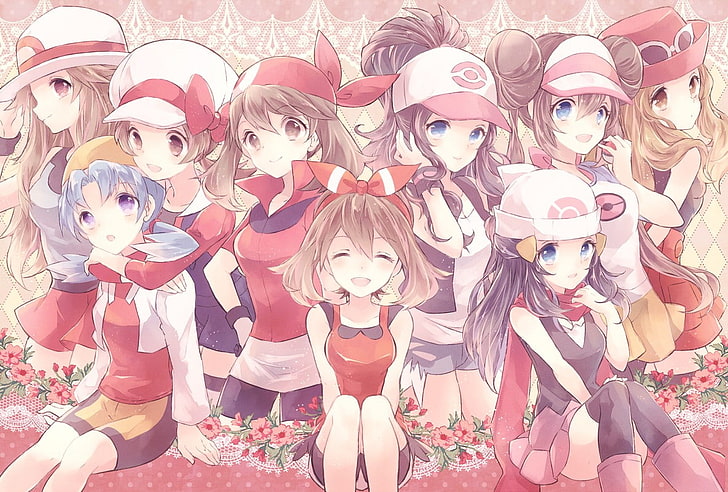 Pokémon, anime girls, Haruka (Pokémon), Hikari (pokemon), Kotone (Pokémon), Kris (Pokémon), Leaf (Pokémon), Mei (Pokémon), Serena (Pokémon), Touko (Pokémon), pończochy, Rosa (Pokémon), Tapety HD