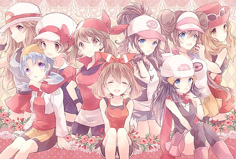Pokémon, anime girls, Haruka (Pokémon), Hikari (pokemon), Kotone (Pokémon), Kris (Pokémon), Leaf (Pokémon), Mei (Pokémon), Serena (Pokémon), Touko (Pokémon), pończochy, Rosa (Pokémon), Tapety HD HD wallpaper
