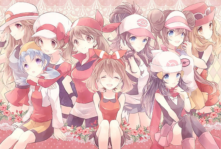 Serena(Pokémon), Leaf(Pokémon), Kris(Pokémon), Rosa (Pokémon), Hikari (pokemon), Touko(Pokémon), Haruka(Pokémon), thigh-highs, Kotone(Pokémon), anime girls, Pokémon, Mei(Pokémon), HD wallpaper