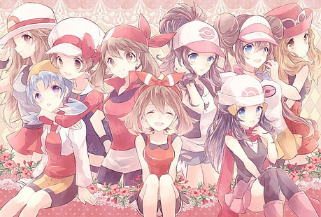 Serena (Pokémon), Leaf (Pokémon), Kris (Pokémon), Rosa (Pokémon), Hikari (pokemon), Touko (Pokémon), Haruka (Pokémon), thigh-highs, Kotone (Pokémon), anime girls, Pokémon, Mei (Pokémon), Tapety HD HD wallpaper