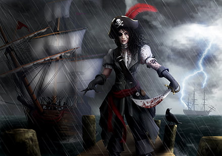 black-haired woman pirate illustration, sea, girl, rain, pen, lightning, blood, ships, art, gloves, headband, pirates, saber, cocked hat, Ryan Jones, HD wallpaper HD wallpaper