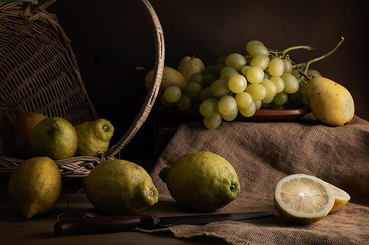 basket, grapes, knife, still life, pear, burlap, lemons, HD wallpaper