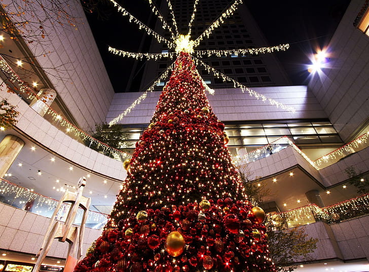 christmas tree, christmas, holiday, toys, shopping center, hall, christmas tree, christmas, holiday, toys, shopping center, hall, HD wallpaper