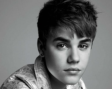 Justin Bieber, Gesicht, Augen, Sänger, schwarz und weiß, Justin Bieber, Gesicht, Augen, Sänger, schwarz und weiß, HD-Hintergrundbild HD wallpaper