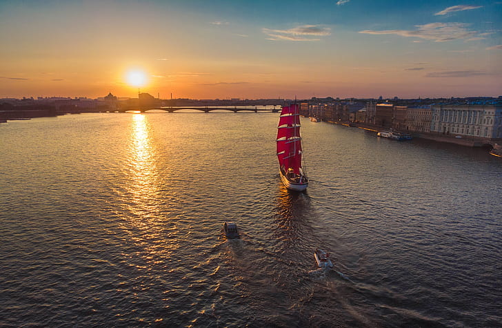 sunset, bridge, river, sailboat, boats, Saint Petersburg, Russia, Scarlet sails, The Neva River, Yuri Stolypin, Brig Russia, HD wallpaper