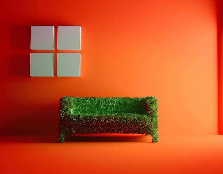 canapé en tissu vert, canapé, herbe, salle, fond orange, Fond d'écran HD