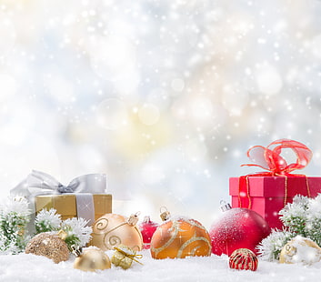 Gold und rote Kugeln, Neujahr, Weihnachten, Frohe Weihnachten, HD-Hintergrundbild HD wallpaper