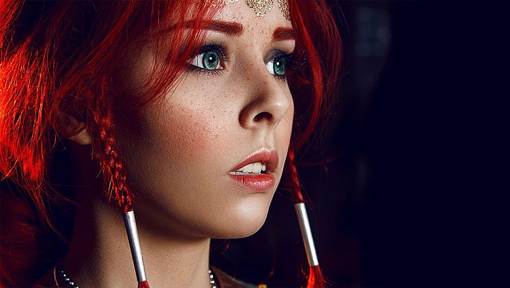 silver-colored necklace, women, cosplay, Triss Merigold, The Witcher 3: Wild Hunt, redhead, face, Helly von Valentine, Disharmonica, HD wallpaper