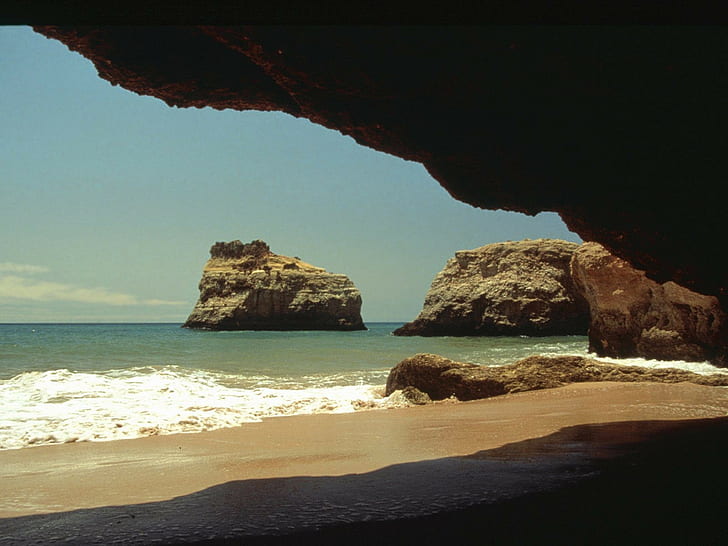 sea, coast, cliff, cave, rock formation, HD wallpaper