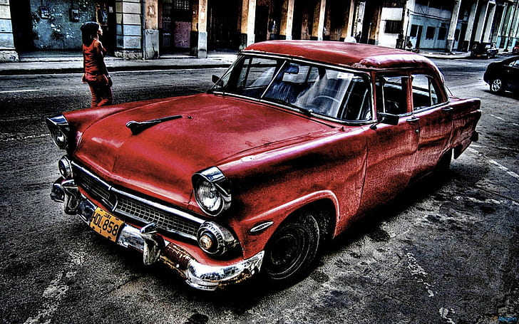 auto, zahlen, fahrzeug, oldtimer, rote autos, kuba, HD-Hintergrundbild