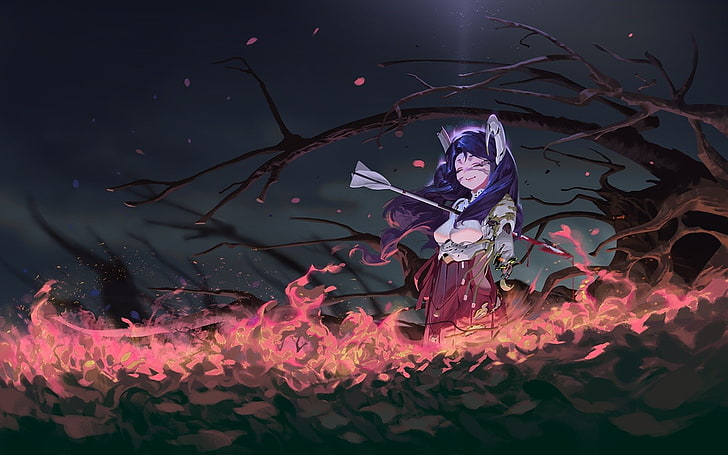 Blut, blaues Haar, Feuer, Hörner, japanische Kleidung, langes Haar, Blütenblätter, Schwert, Bäume, Waffe, HD-Hintergrundbild