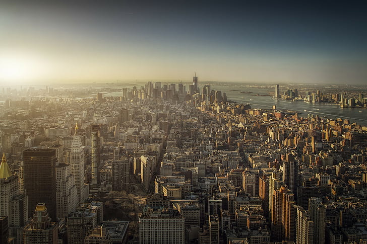 Ню Йорк, Манхатън, гледка към града, градска сграда през дневната светлина, Ню Йорк, Манхатън, гледка към града, панорама, мегаполис, HD тапет