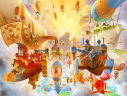 Spineworld, fantezi sanat, airships, steampunk, steampunk zeplin, sanat eseri, HD masaüstü duvar kağıdı HD wallpaper