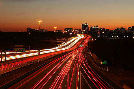time-lapse photography of vehicle running on road near buildings at golden hour, highway 401, don mills, highway 401, don mills, Highway 401, Don Mills, time-lapse photography, vehicle, on road, buildings, golden hour, night, sunset  Highway, traffic, highway, street, transportation, car, speed, cityscape, multiple Lane Highway, urban Scene, dusk, road, architecture, blurred Motion, urban Skyline, city, HD wallpaper HD wallpaper