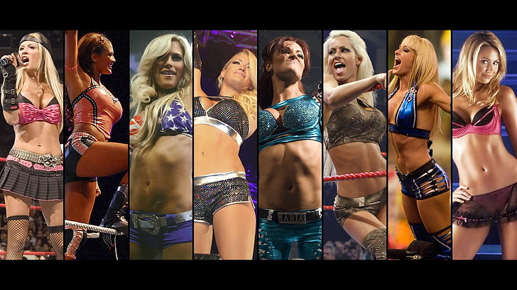 WWE kadın güreşçileri kolaj, WWE, Stacy Keibler, Michelle McCool, Maria Kanellis, Ashley Massaro, Maryse Ouellet, Eve Torres, Kelly Kelly, Barbie Blank, Lacey Von Erich, kolaj, HD masaüstü duvar kağıdı