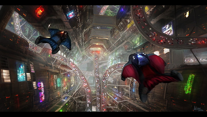 dua lukisan pesawat merah dan biru, setelan sayap, ketinggian, lanskap kota, jalan, malam, futuristik, Wallpaper HD