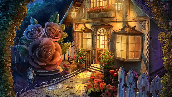 arte de fantasía, jardín de fantasía, cabaña, tierra de los sueños, cuento de hadas, cuento, ilustración, casa, tierra de cuento de hadas, Fondo de pantalla HD HD wallpaper