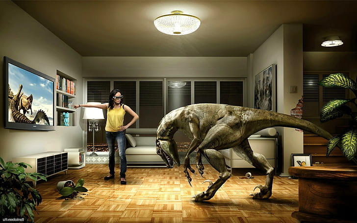 dinosaurs room tv virtual reality headsets humor video games meta, HD wallpaper