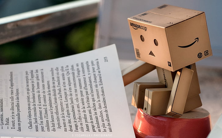 Amazon Danbo, danboard, book, read, cardboard robot, HD wallpaper