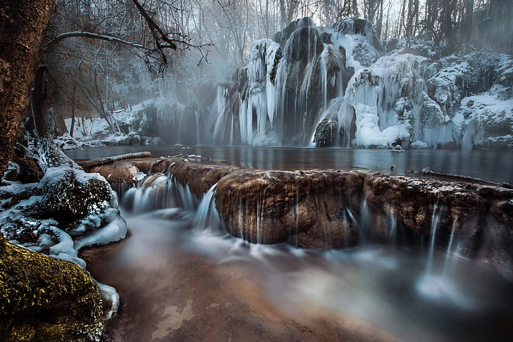 winter, ice, snow, water, nature, waterfall, HD wallpaper