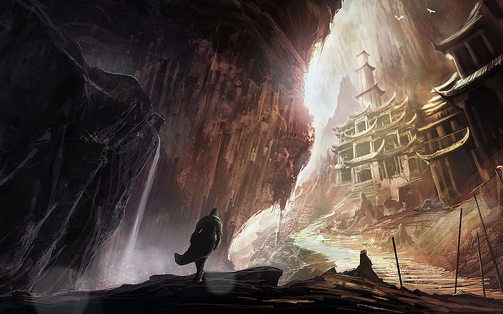 Assassin's Creed-spelplatsillustration, konstverk, digital konst, fantasikonst, berg, tempel, vattenfall, byggnad, arkitektur, HD tapet